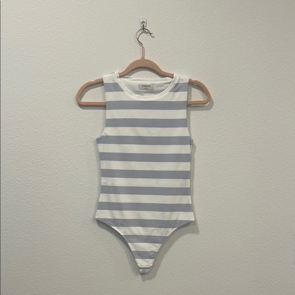 Babaton Gray and White Striped Bodysuit